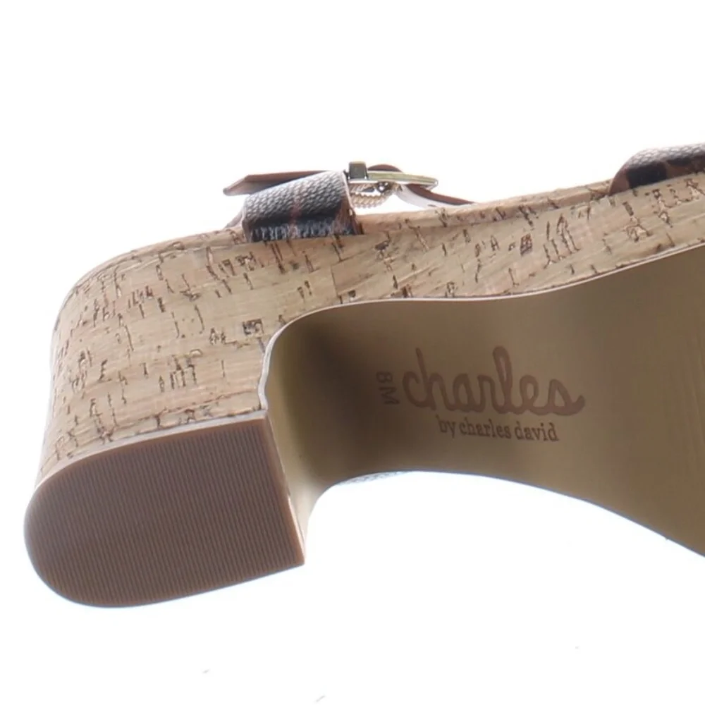Charles David Departed Leopard Camel Ankle Strap Cork Platform Heels Sandals 8 - Picture 4 of 6